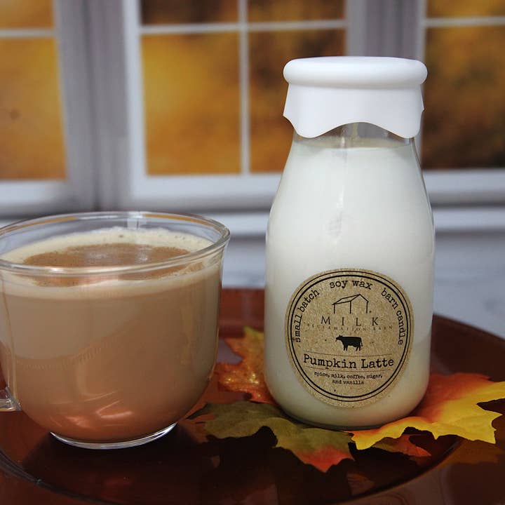 Milk Bottle Candle Pumpkin Latte for wholesale by Milk Reclamation Barn
