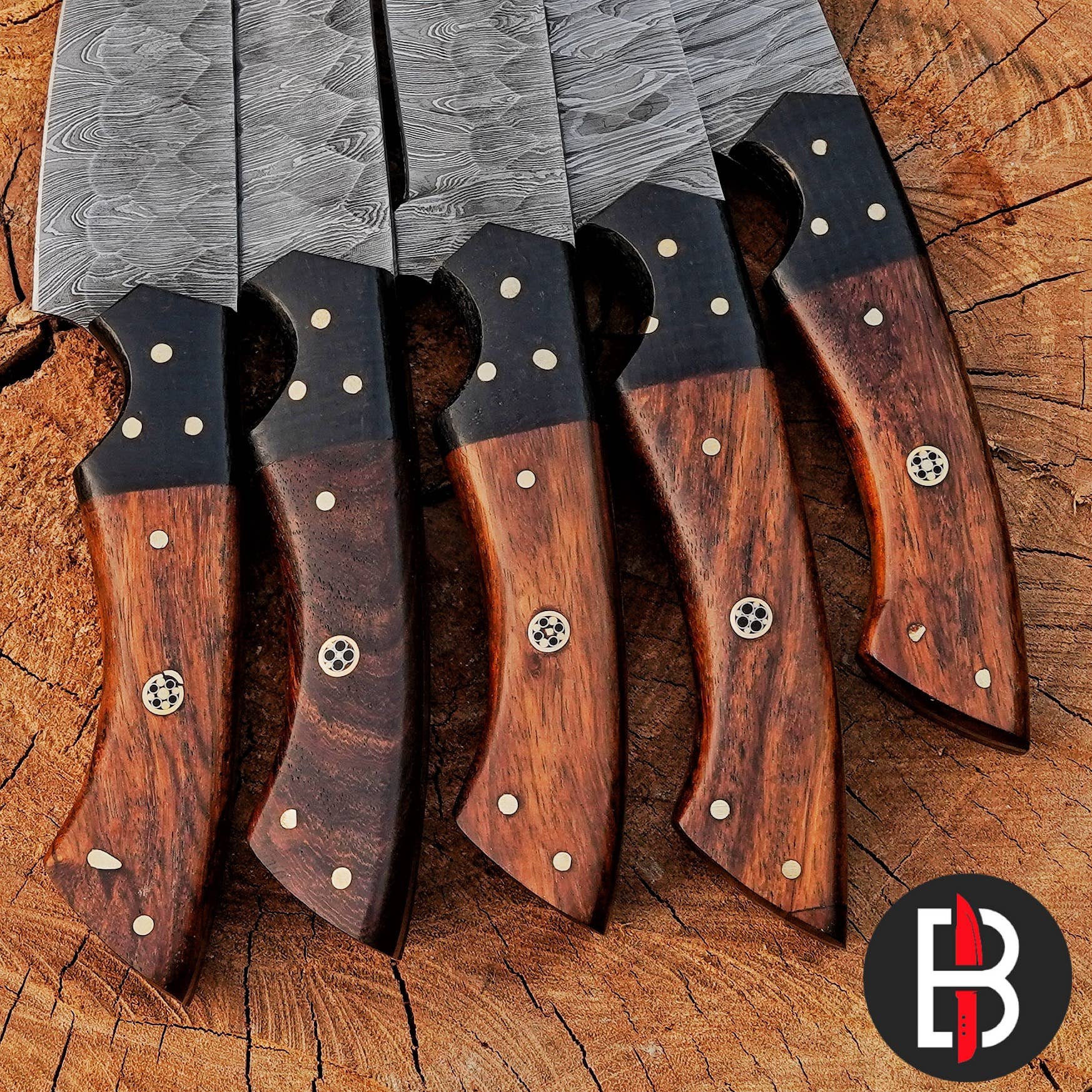 Bravohandicrafts - Wholesale Knife set - Damascus Steel Chef Set Hand Forged BBQ 5 Pcs Kitchen Knives3
