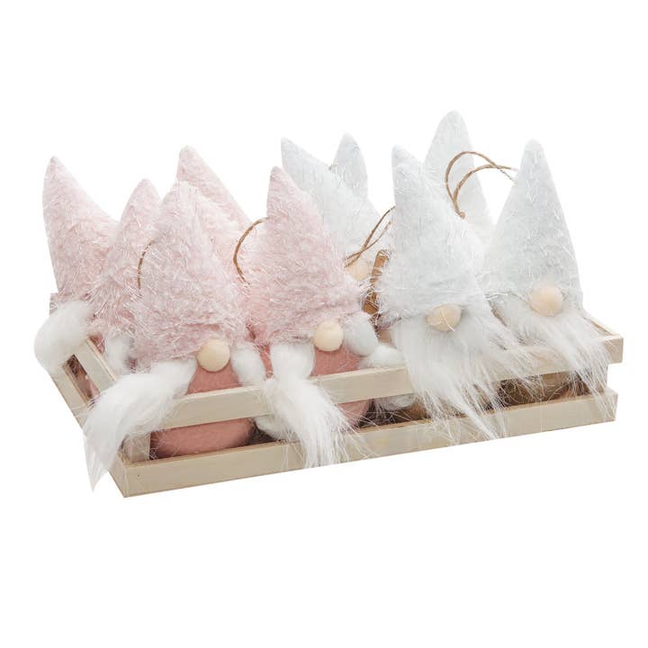 Set di 12 ornamenti in tessuto a forma di gnomo su vassoio in legno per la vendita all'ingrosso da parte di Bright Ideas