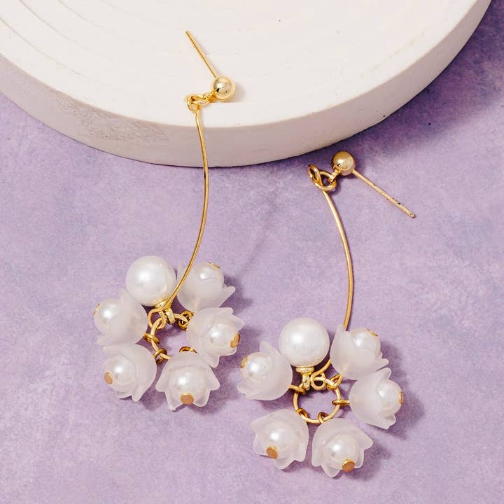 Pearl Flower Charms Dangle Earrings for wholesale by Fame Accessories