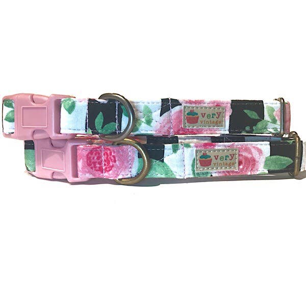 Very Vintage Designs - Wholesale Pet Collar - Cat/Dog - Rosie Dog Collar – Pink Rose Floral Stripe – Handmade in USA3