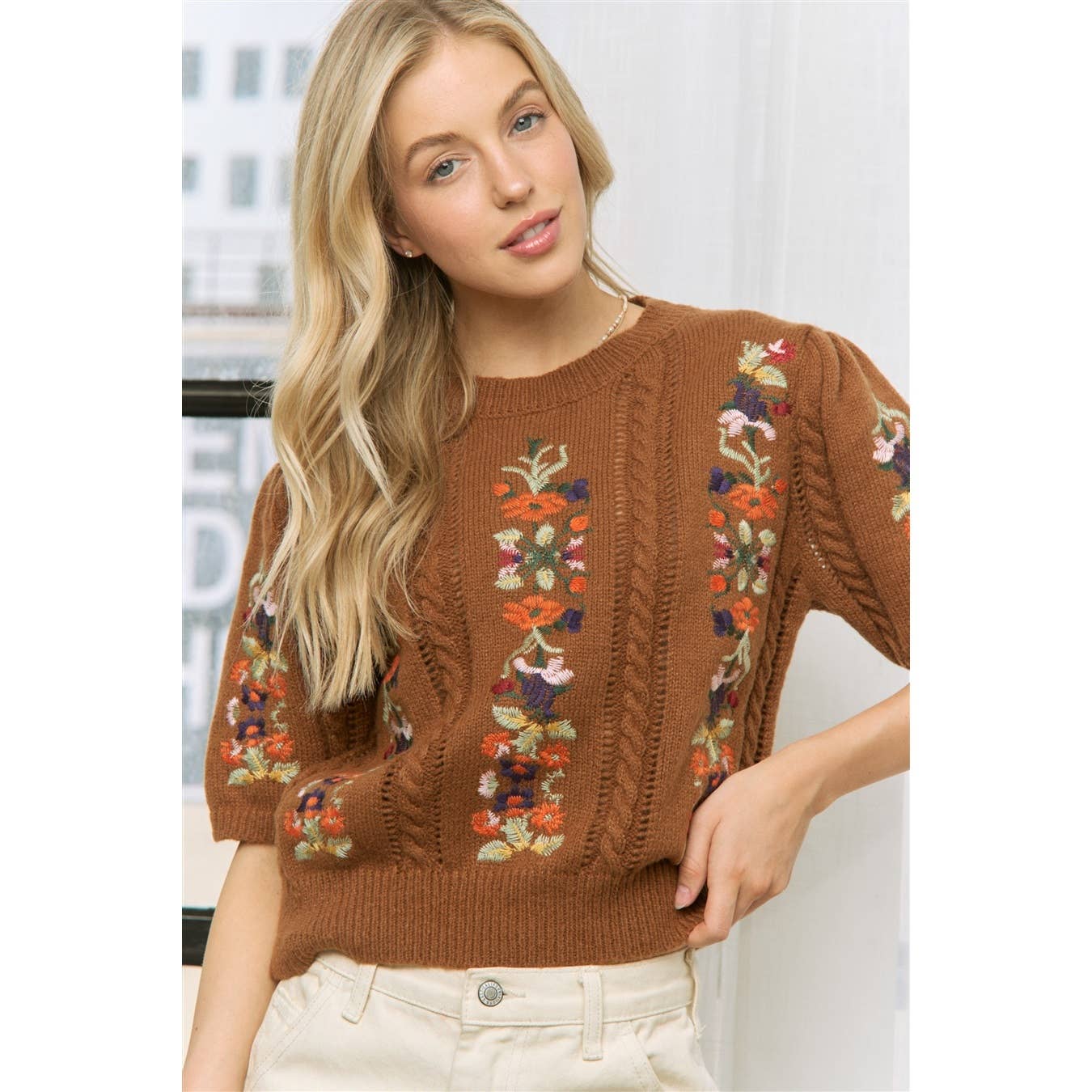 Sweet Generis - Wholesale Knit Sweater - Women's - CUTE FLORAL EMBROIDERY CASUAL PULLOVER SWEATER40