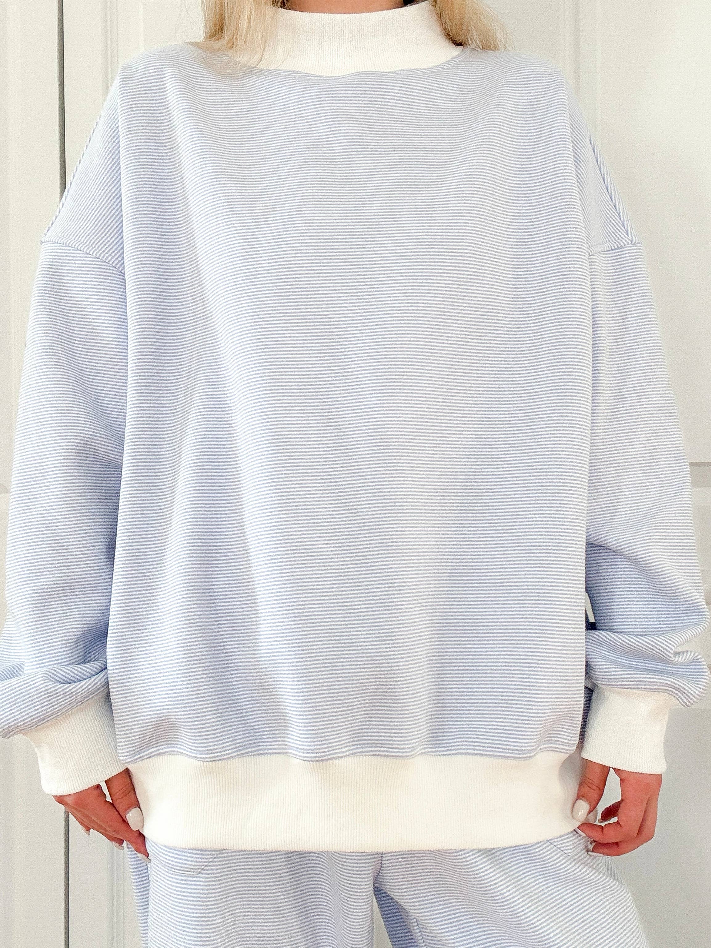 Blue and White Mini Striped Mockneck Sweatshirt for wholesale on Faire