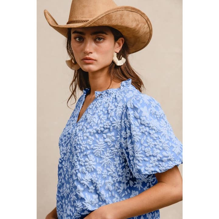 IVE - Wholesale Knit Top - Women's - FLORAL PATTERN TEXTURE SHORT BALLOON SLEEVES TOP3