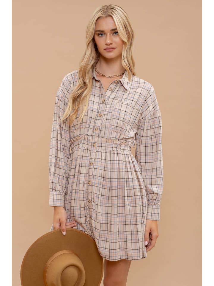 BEIGE MULTI PLAID COLLARED BUTTON DOWN LONG SLEEVE DRESS for wholesale on Faire