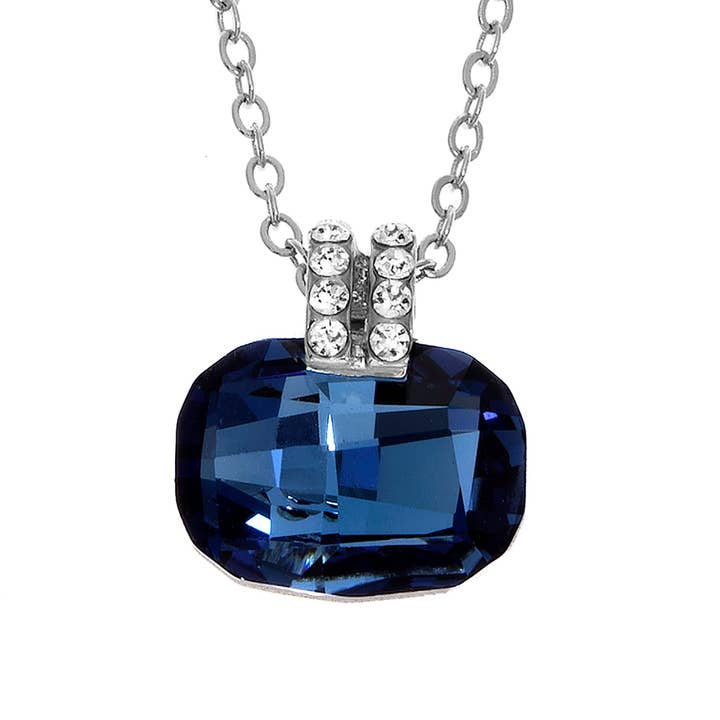 Silver Plated Cushion Cut Bl Denim & Clear Crystals Pendant for wholesale by Luxe on Main LLC