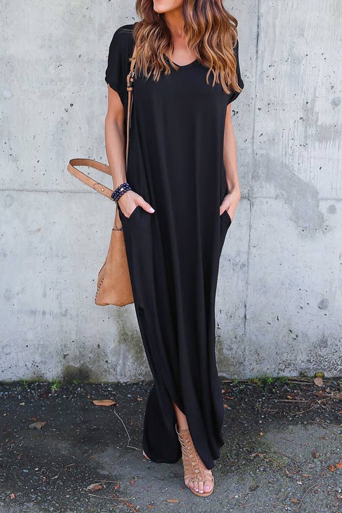 Black V Neck Split Maxi Dress ZZKF1107 for wholesale on Faire2