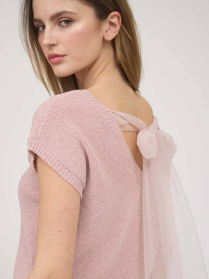 Blu Pepper - Wholesale Knit Sweater - Women's - BACK SHEER TIE SHORT SLEEVE KNIT SWEATER