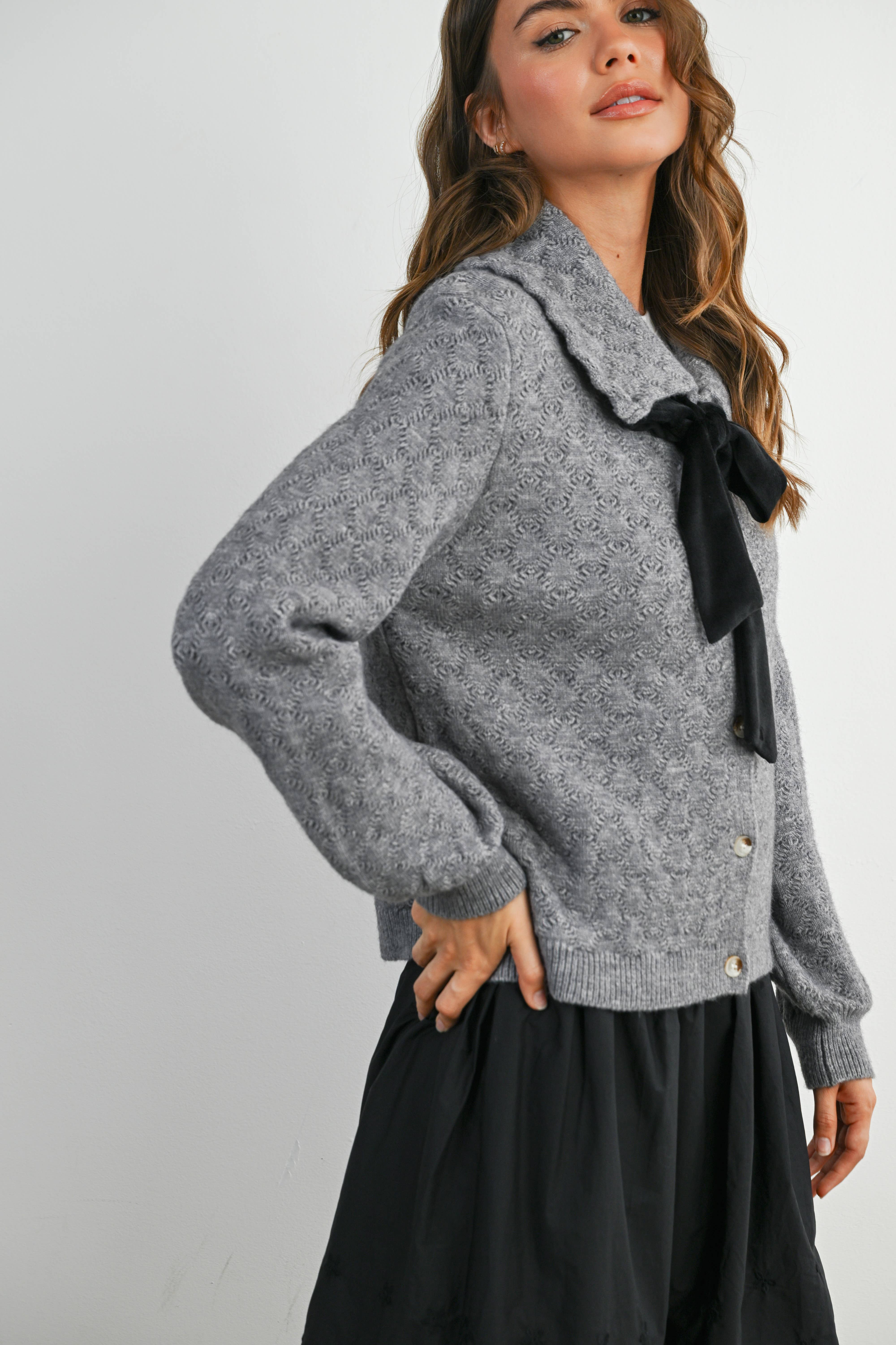 BUTTERMELON - Wholesale Cardigan - Women's - Button-Up Bow Front Collared Long Sleeve Top - BMC777621