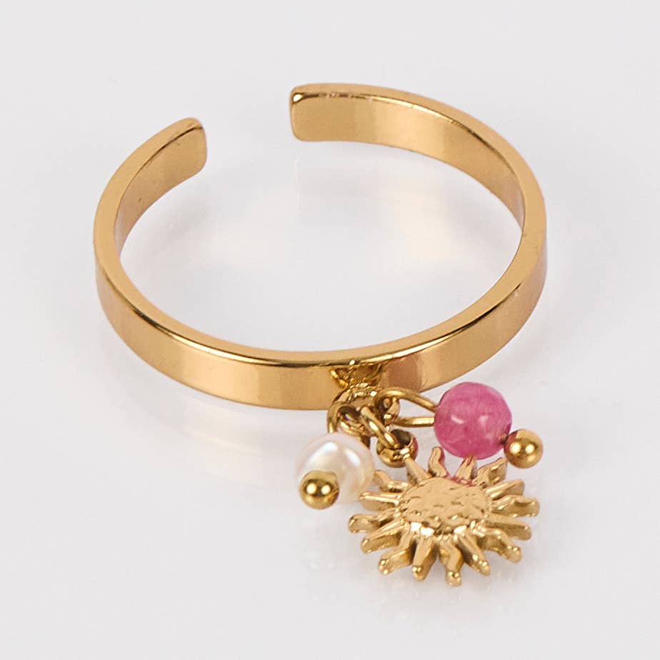 By Sookay - Wholesale Band/Stacked Ring - Sunflower charm ring in stainless steel, soft beads5