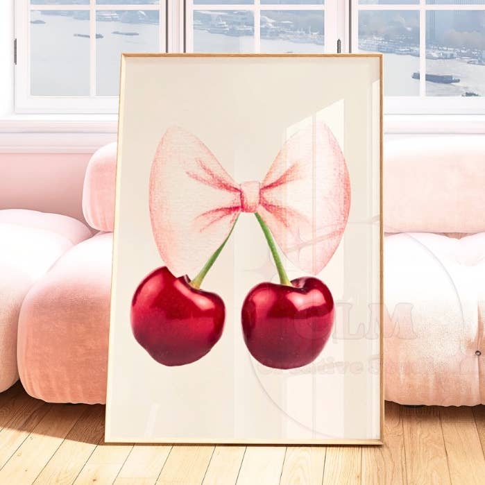 Cherry With Pink Bow Coquette Feminine Wall Art Print for wholesale by CLM Creative Studio