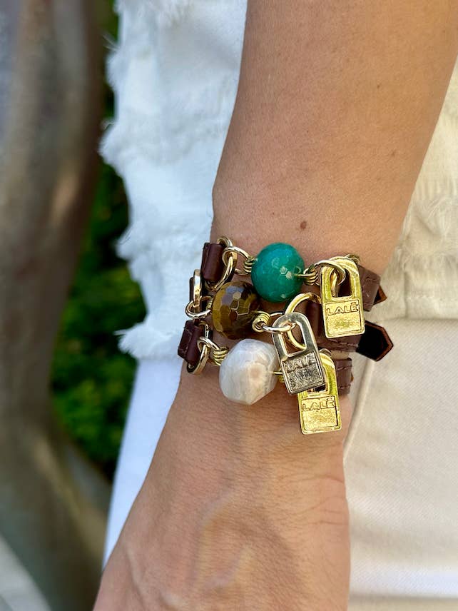 Pulseira Pacote com Pele Castanho, Turquesa Verde, Olho de Tigre e Pedras Brancas Agathe por atacado de LALE