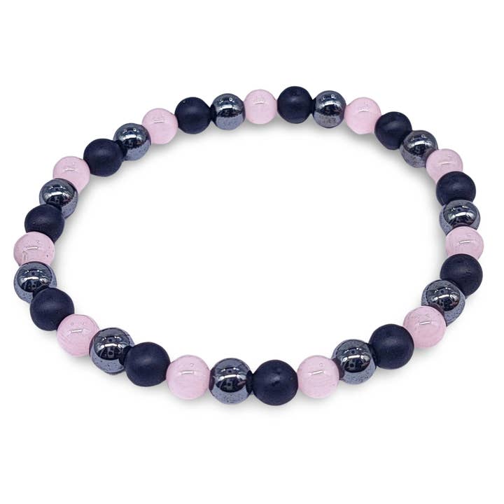 Pulsera mixta, ojo de gato, ágata negra, hematita, rosa, 6 mm para venta al por mayor de Arômes & Évasions