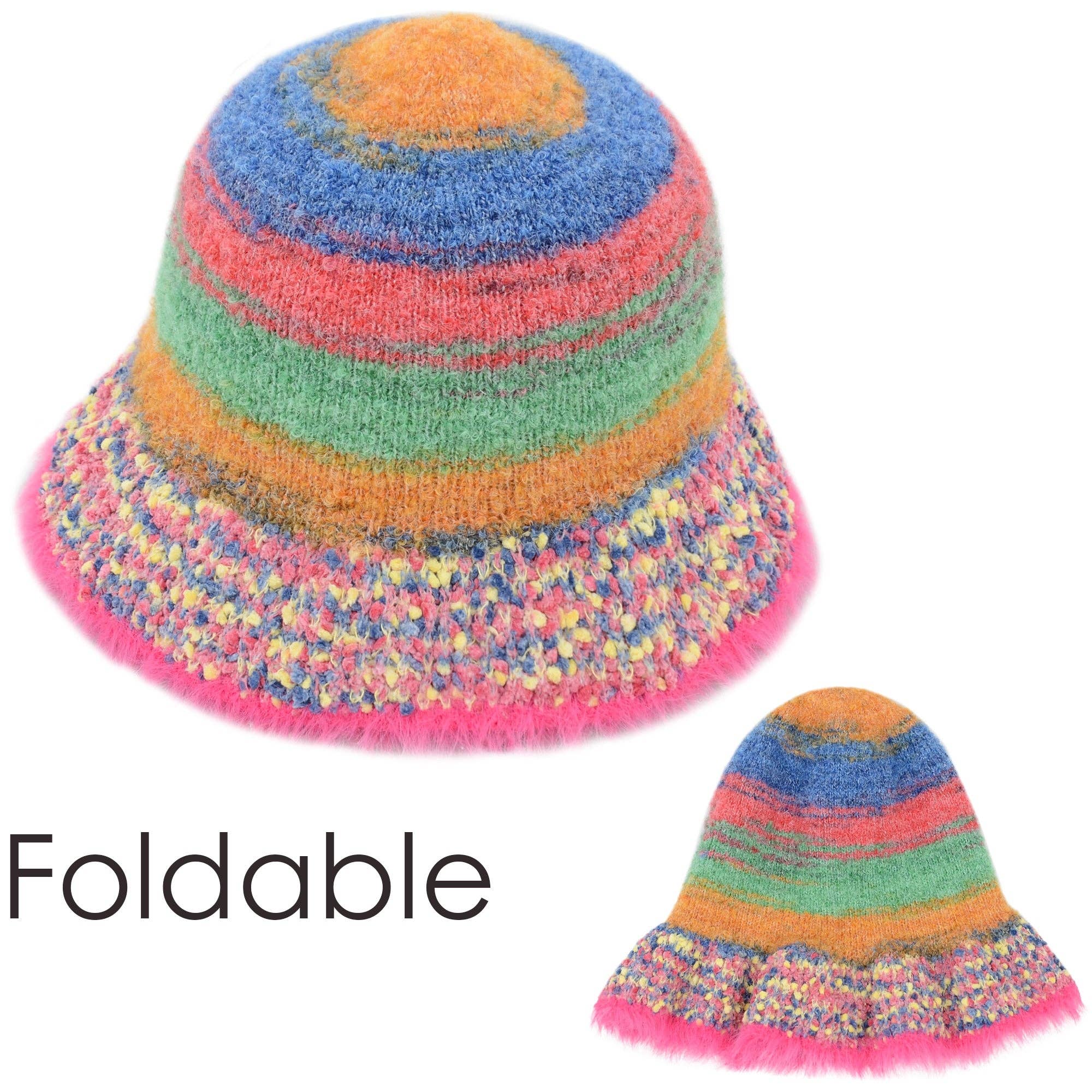 AK Brand – wholesale Bucket hat – Women's – Colorful Striped Knit Bucket Hat Fluffy Winter Fisherman Hat4