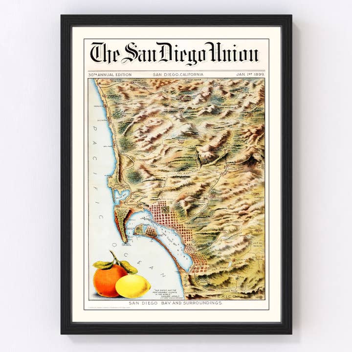 Vintage Map of San Diego Bay, California 1899 for wholesale by Ted's Vintage Art