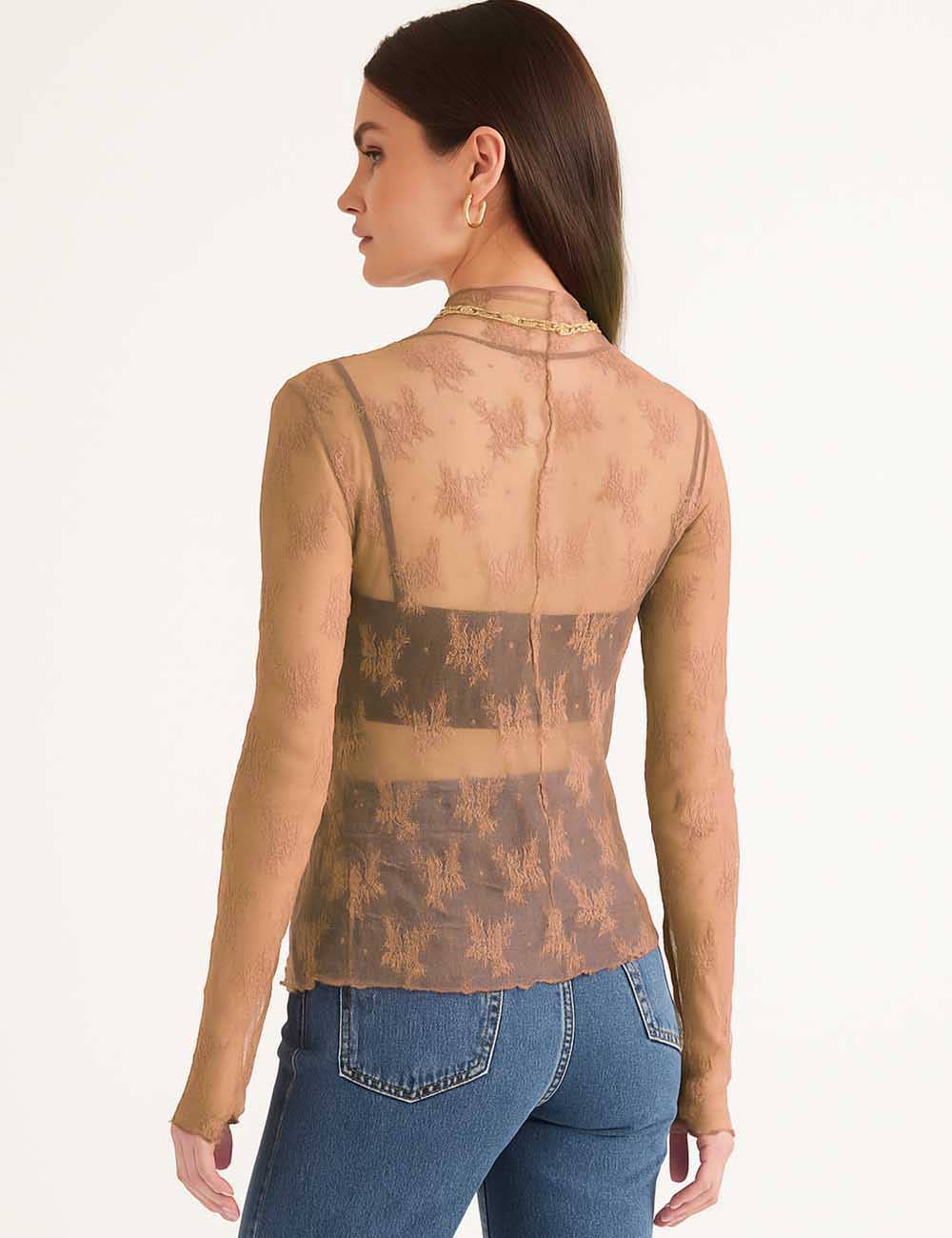 Sweetkama – Engroshandel Bluse - Dame – Sweetkama let transparent top med blomsterblonde og mesh, model SKT1517