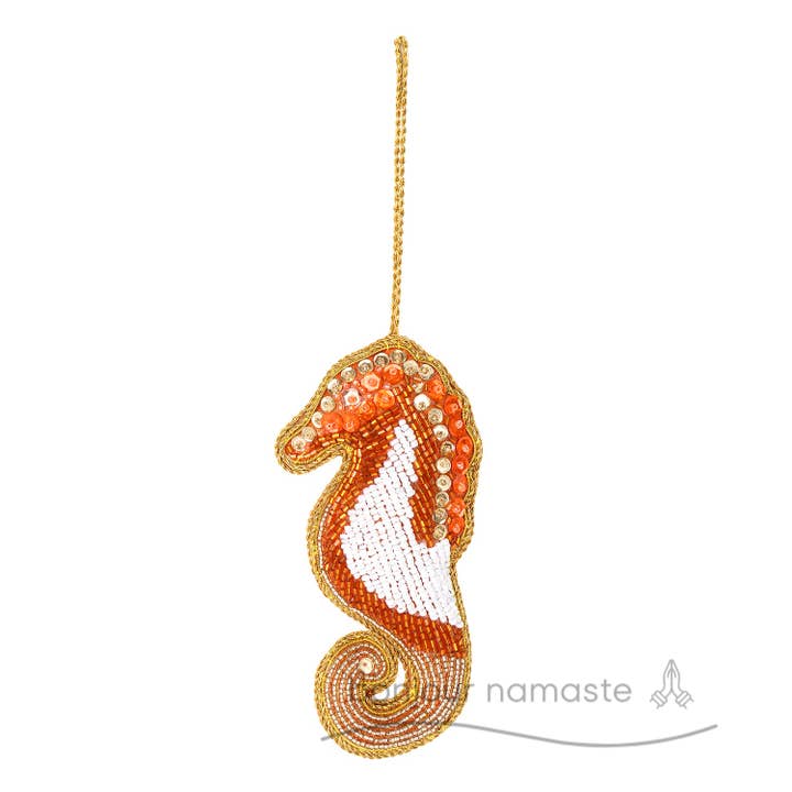 Handmade Orange Gold Seahorse Ornament | Small-Batch Decor for wholesale by Bonjour Namaste