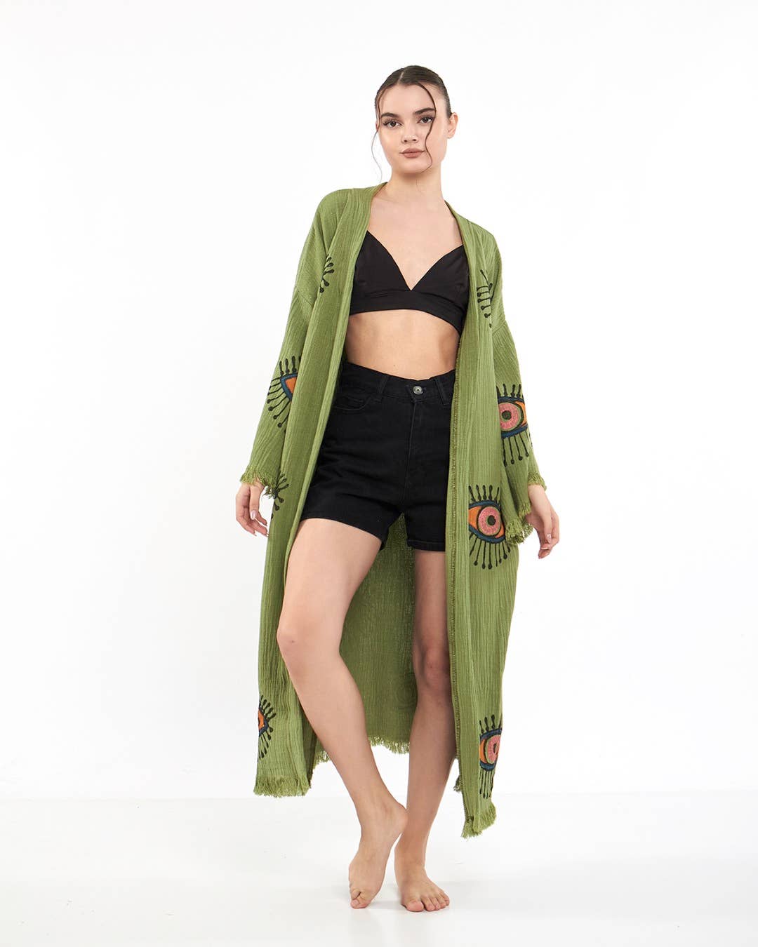 Yaz Concepts - Wholesale Kimono - Women's - Turkish Evil Eye Print Olive Green Robe Festival Kimono Gown3