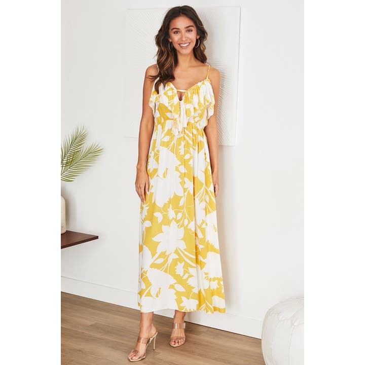 FLORAL PRINT RUFFLE V NECK MAXI DRESS (20590-FLORAL) for wholesale by VENTI6