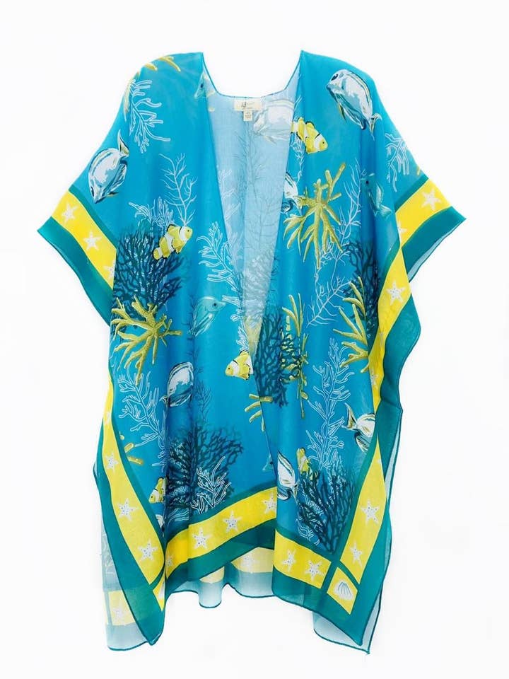 Blaugrün-gelber süßer Fisch Korallen & Seestern Border Accent Kimono für den Großhandel von JC Sunny Fashion