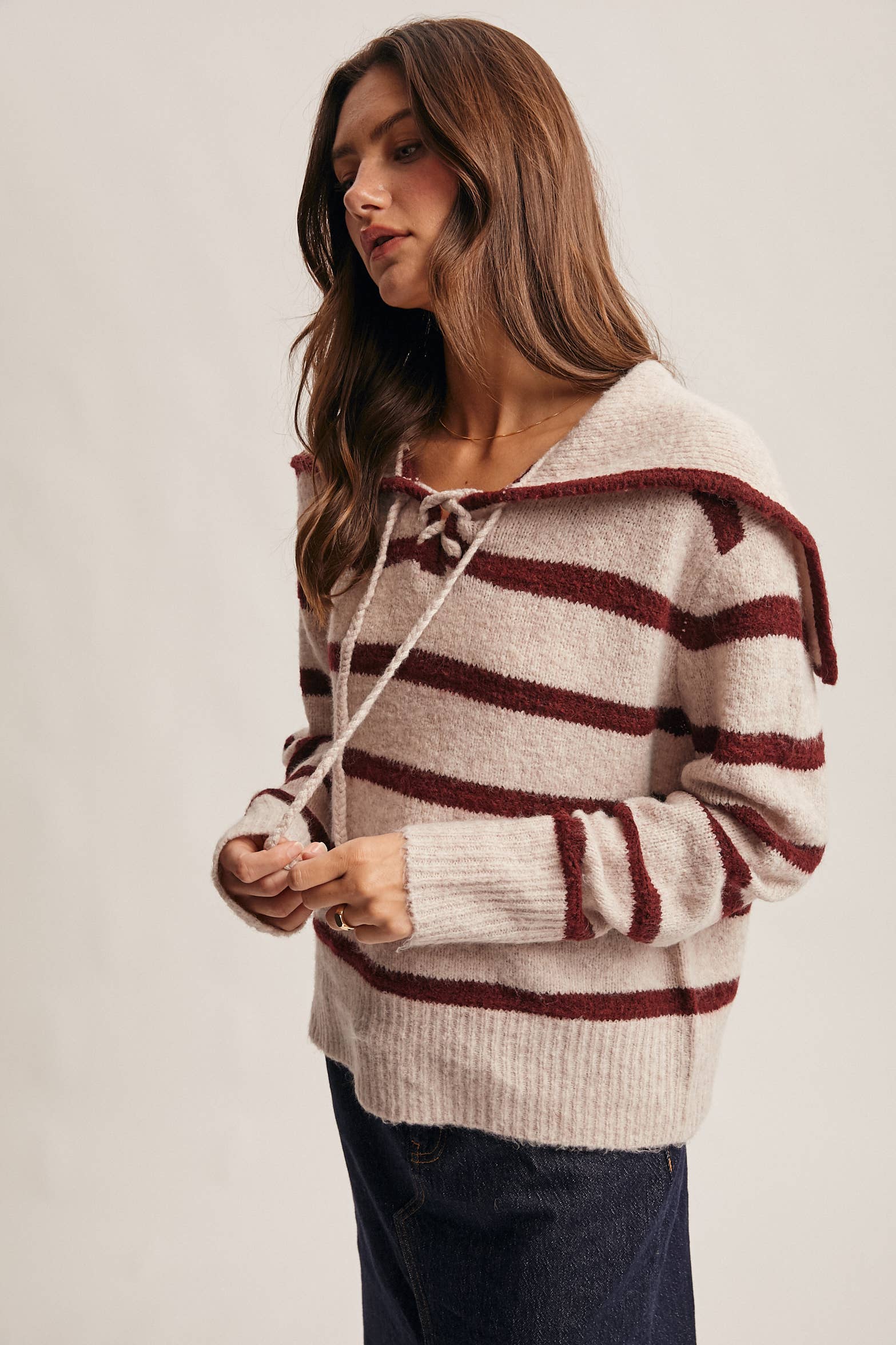 Forte - Vendita all'ingrosso Maglione tricot - Donna - Maglione a Maglia con Colletto da Marinaio a Righe FSW00125