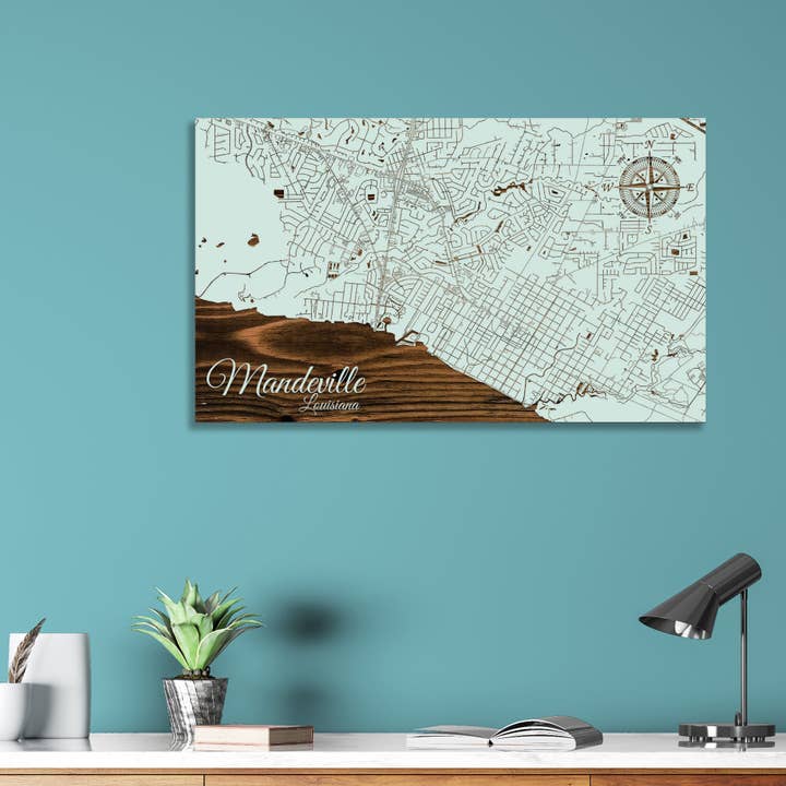 Louisiane : carte de rue de Mandeville pour la vente par Fire & Pine