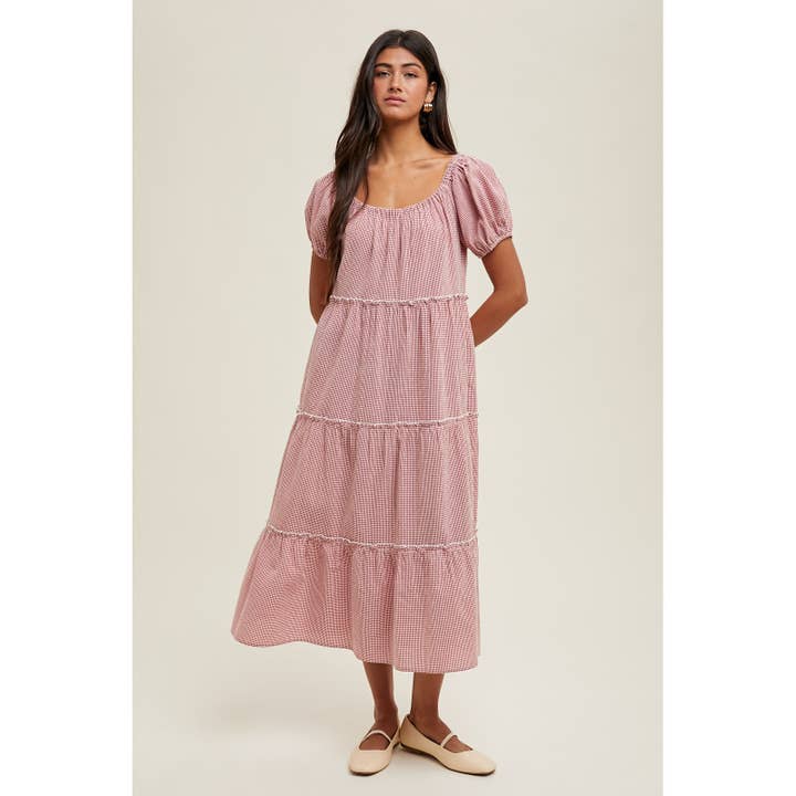 RED WHITE GINGHAM TIERED MIDI DRESS / WL25-10653RL for wholesale on Faire