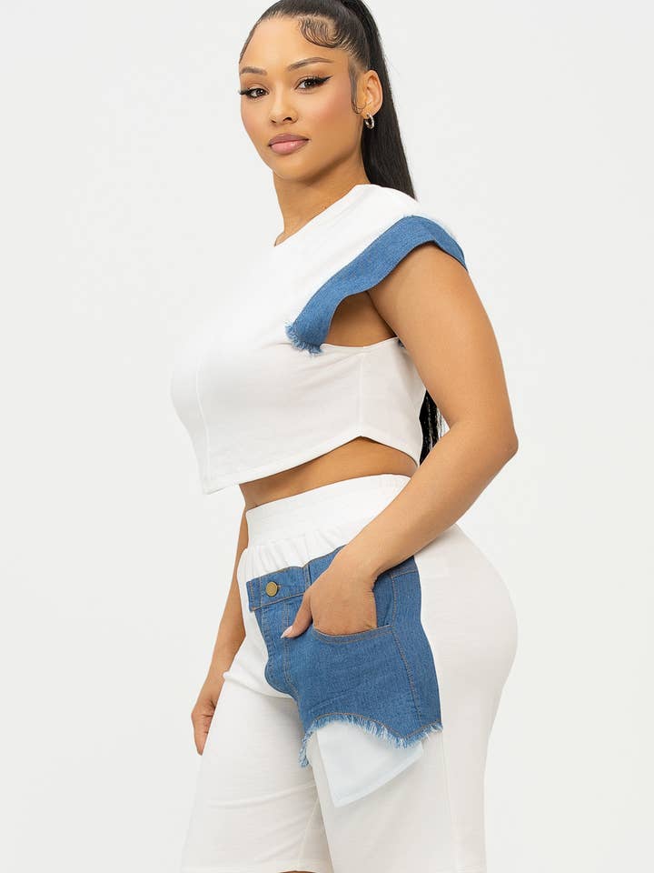 Julia by LoveJ - Wholesale Top & Short Set (NOT Loungewear) - Women's - Color Block Denim Sleeve Top And Biker Shorts Set11