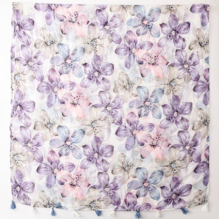 Purple Batik Floral Fringe Shawl M5A246 for wholesale on Faire1