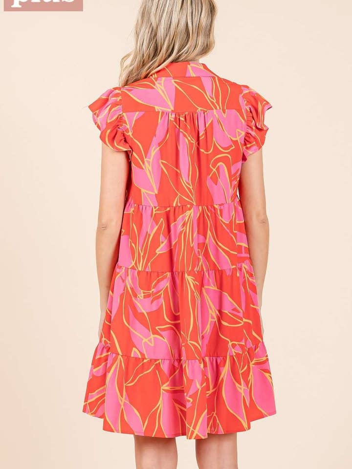 mittoshop - Wholesale Dress - Women's - PLUS LEAF PRINT RUFFLE SLEEVE TIERED MINI DRESS5