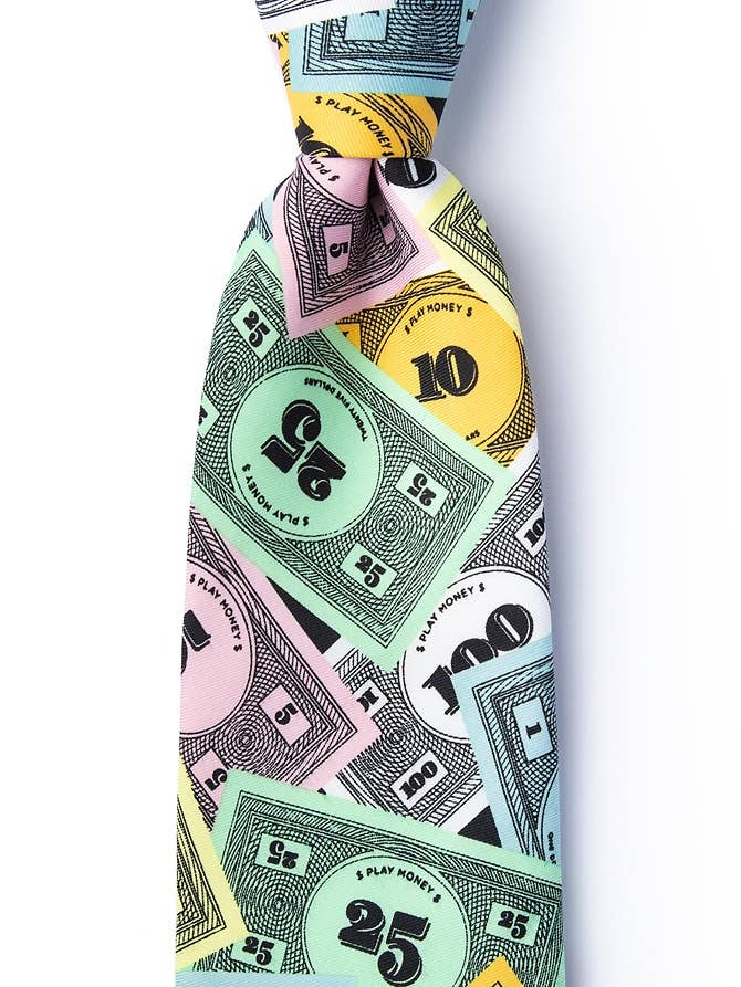 Cravatta extra lunga Play Money di Wild Ties, in poliestere nero per la vendita all'ingrosso da parte di Wild Ties