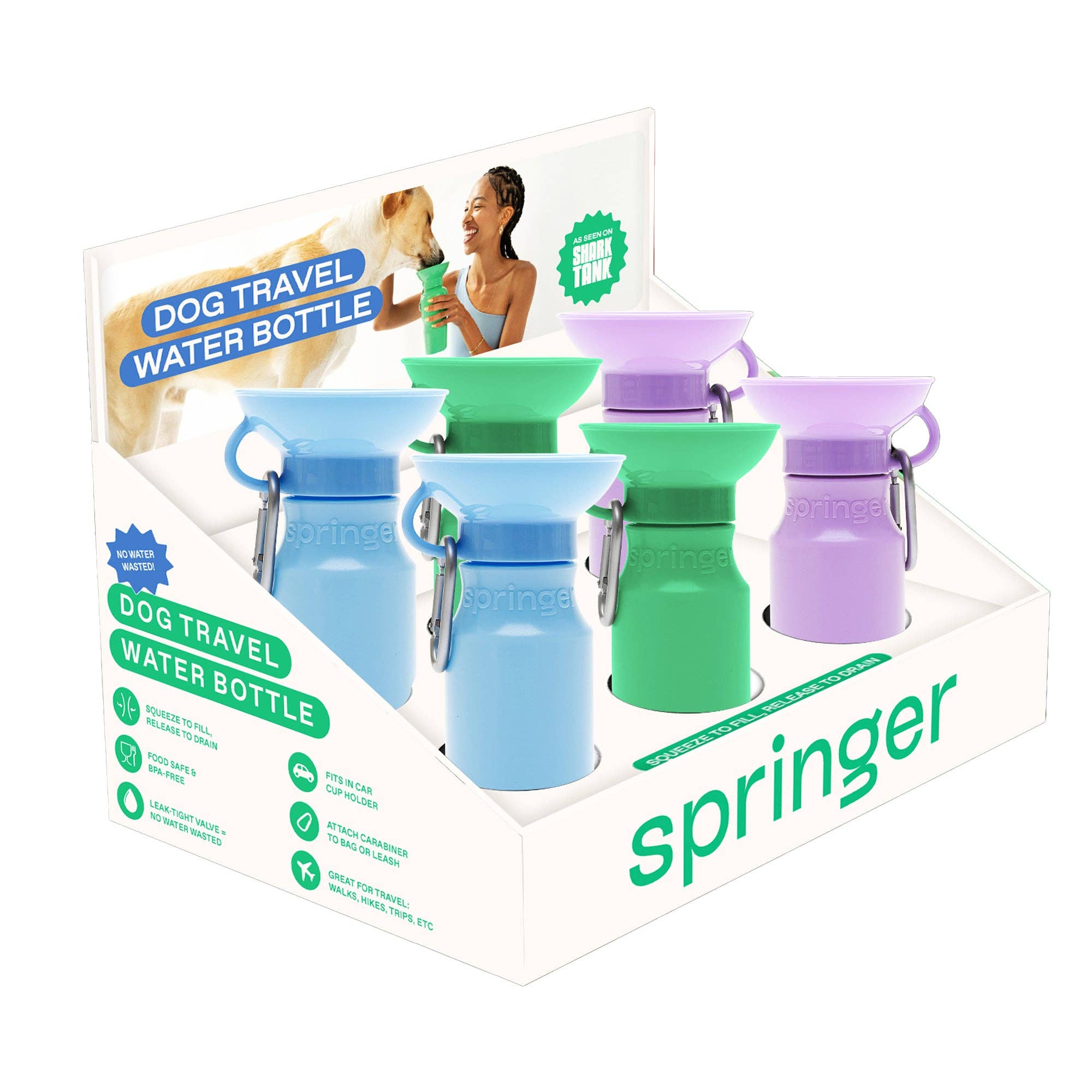 Springland Pets - Wholesale Pet Water Bottle - Dog - Counter Display: Dog Travel Bottles, 22oz Classic/15oz Mini2