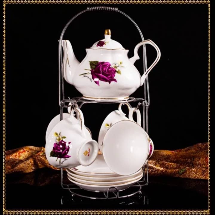 Green Pastures Wholesale - Wholesale Tea set - Porcelain Tea Set - 24k Porcelain Red Rose Tea Set