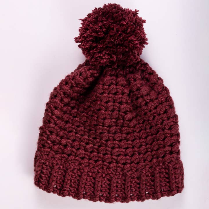 Burgundy Chunky Textured Pom Beanie for wholesale by Double Bug Stitchery