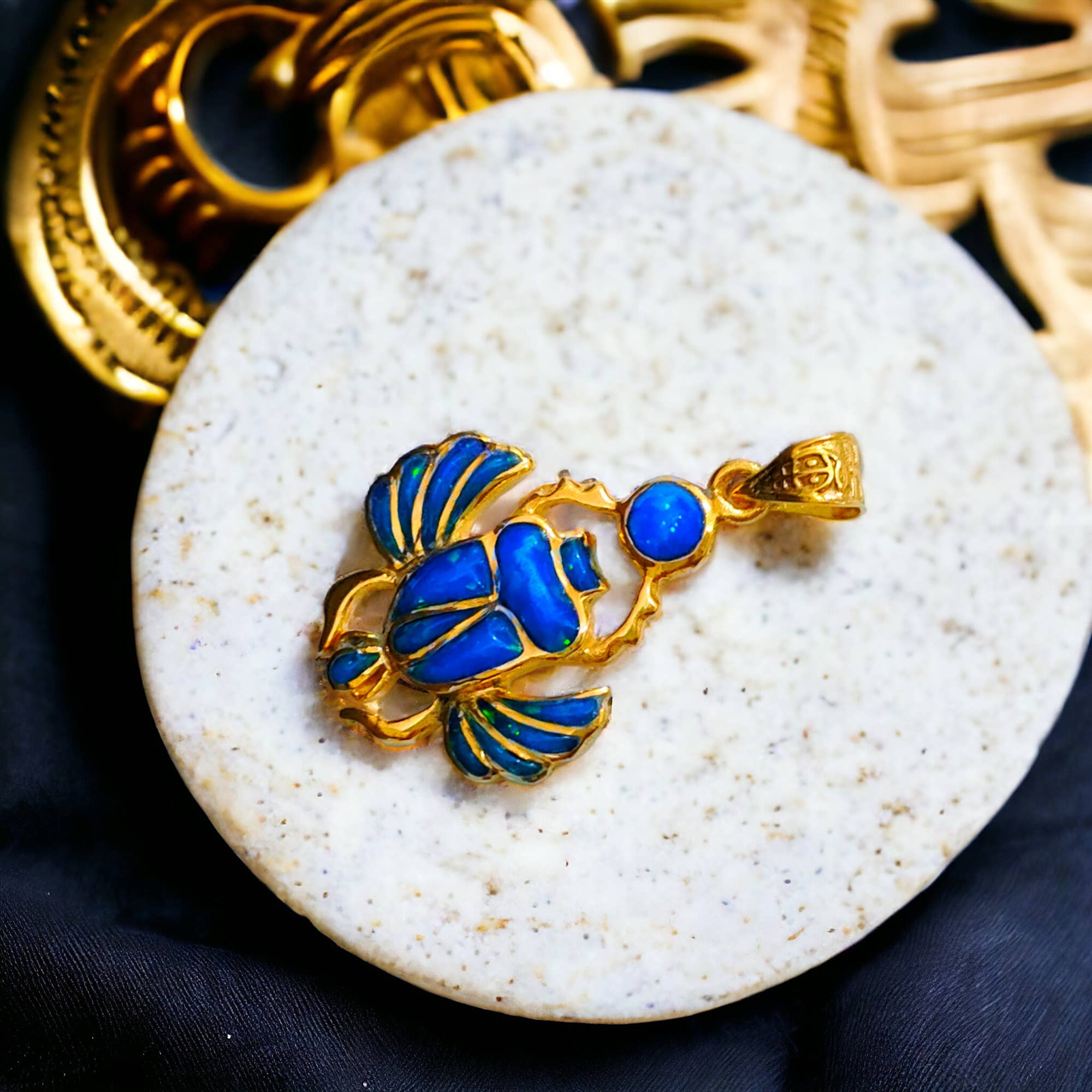 ALADDIN'S LAMP JEWELRY - Wholesale Individual Charm/Pendant - Gold Winged Royal Scarab Of Regeneration Blue Opal Pendant1