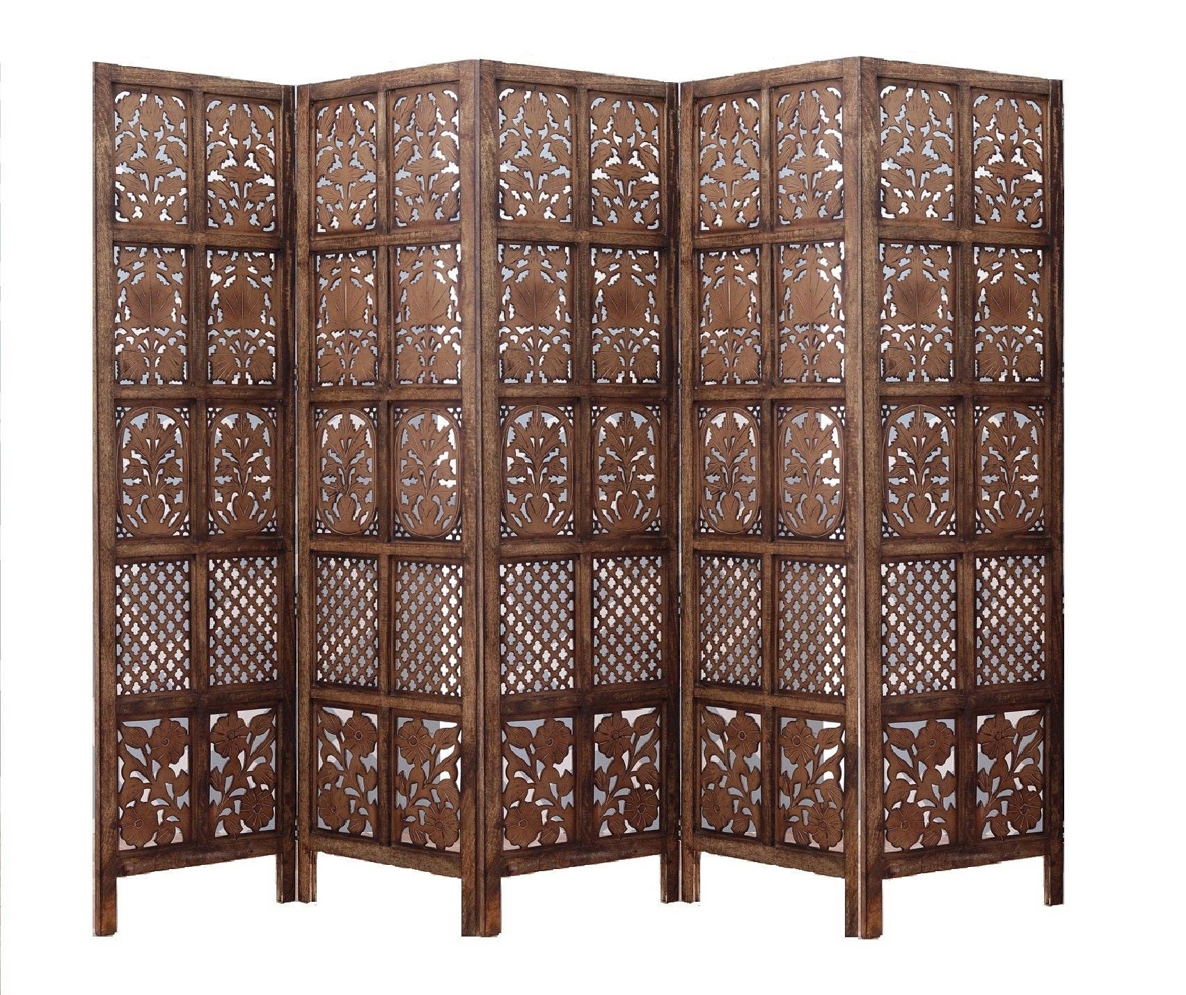 iAnanas - Wholesale Room Divider - Mango Wood Room Divider - 5 Panel Floral Handmade Screen, Privacy Screen & Decoration for Living Room, Bedroom, Balcony & Office - Brown (254x3x180 cm)