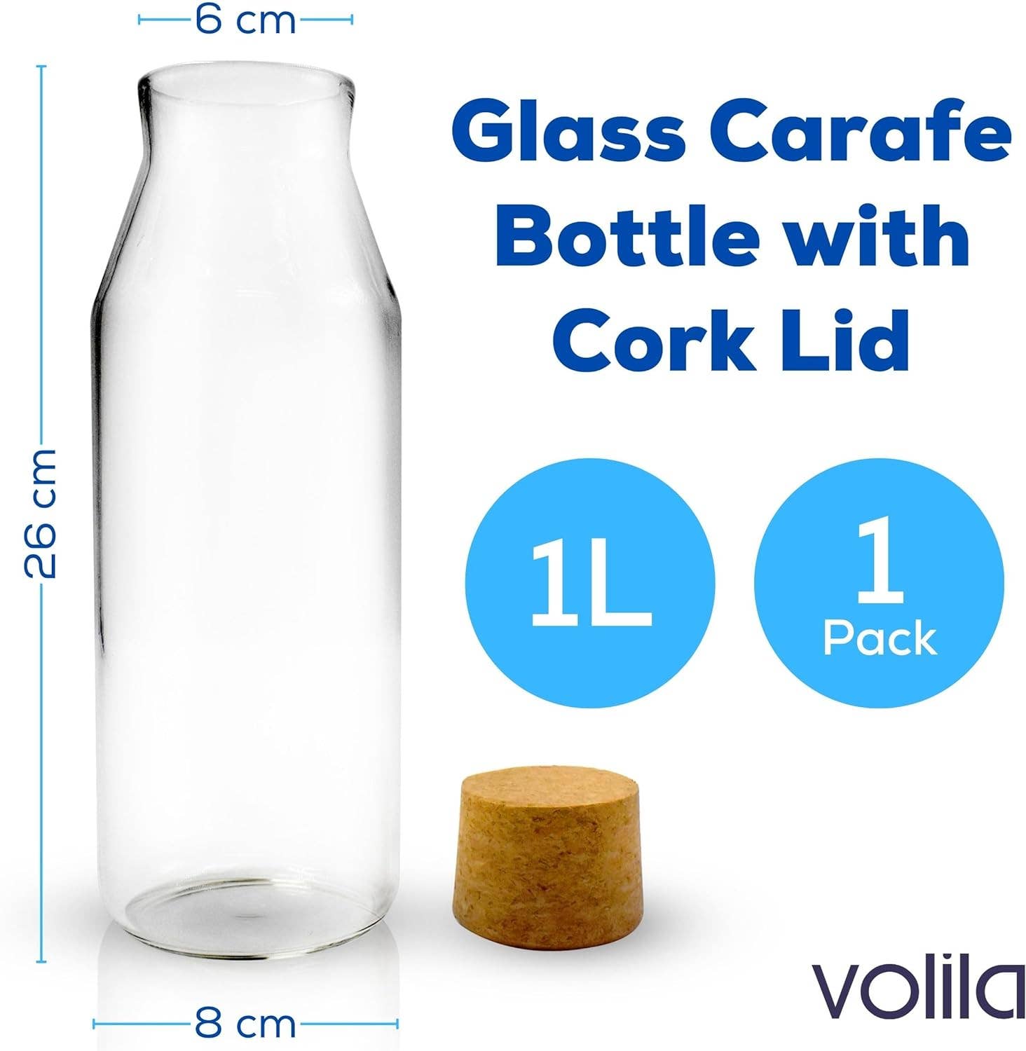 Jara Trading – wholesale Carafe – Glass Carafe - 1L Water Carafe with Lid - Versatile Clear Glass Bottle with Cork Lid, Used as a Bedside Water Carafe, Beverages or Non-Food Items Like Laundry Detergent Storage1