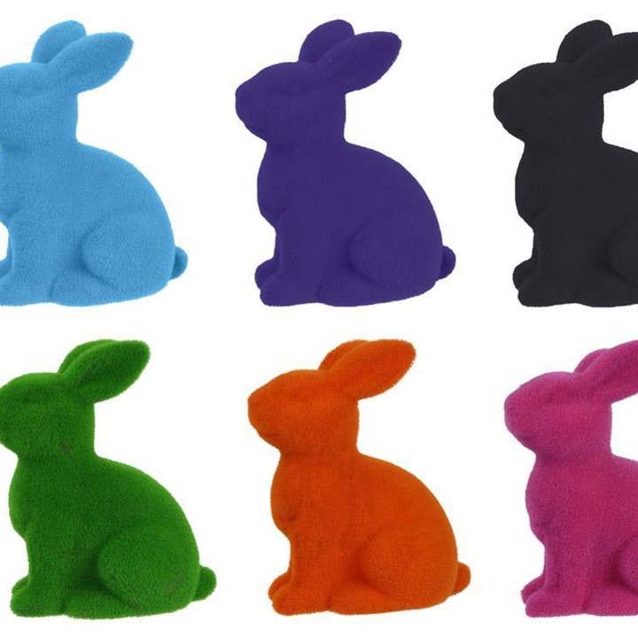 10"H X 8,25"L Flocked Sitting Rabbit 6 geassorteerd paars, roze, zwart, groen, oranje, turkoois HE723199 voor wholesale door Trendy tree