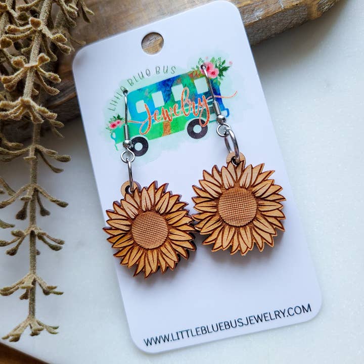 Sunflower Smiles Wood Earrings for wholesale by LITTLE BLUE BUS JEWELRY