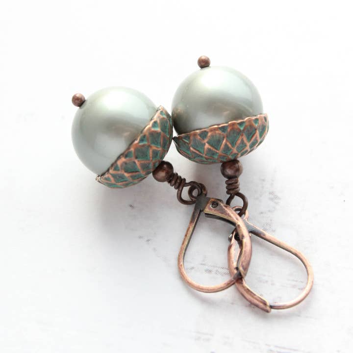 A Pocket of Posies - Wholesale Dangle Earrings - Pearl Acorn EARRINGS | Blush Mint Copper Patina
