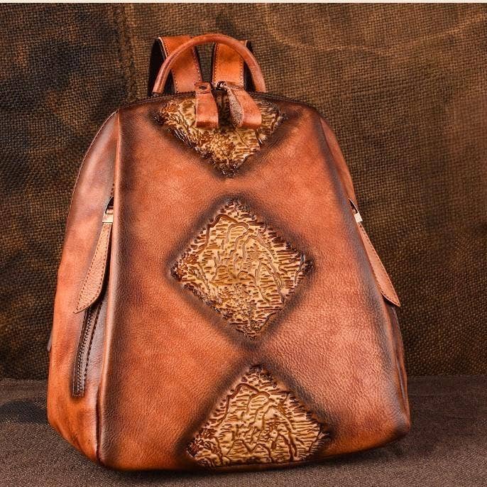 Vintage Leather Backpack with Embossed Diamond Accents for wholesale by Modenaire