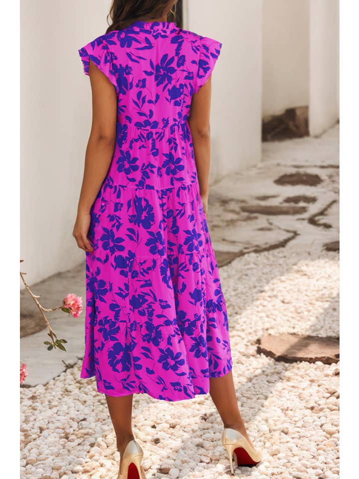 Little Daisy Closet - Wholesale Dress - Women's - LDC Floral Print Tiered Frilled Trim Flutter Sleeve Dress
