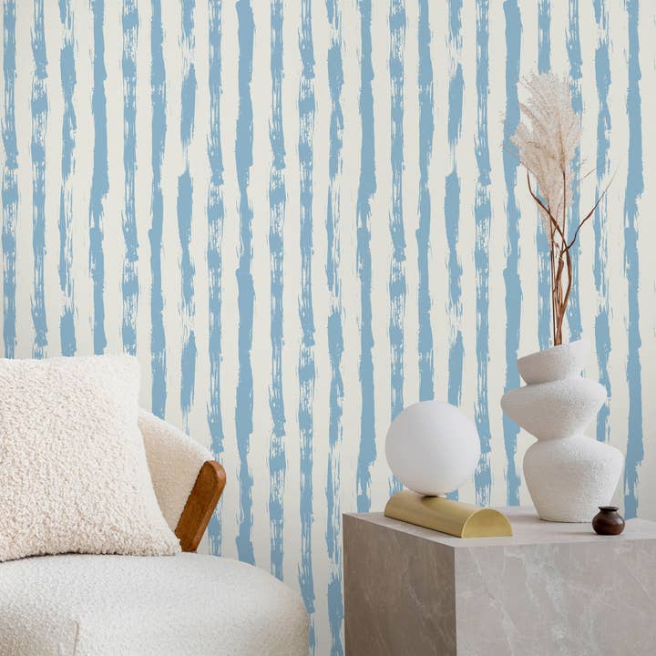 Zachtblauw Gestreept Behang, Kinderkamer Muurschildering - 48 cm B x 300 cm H voor wholesale door SimurgWallArts