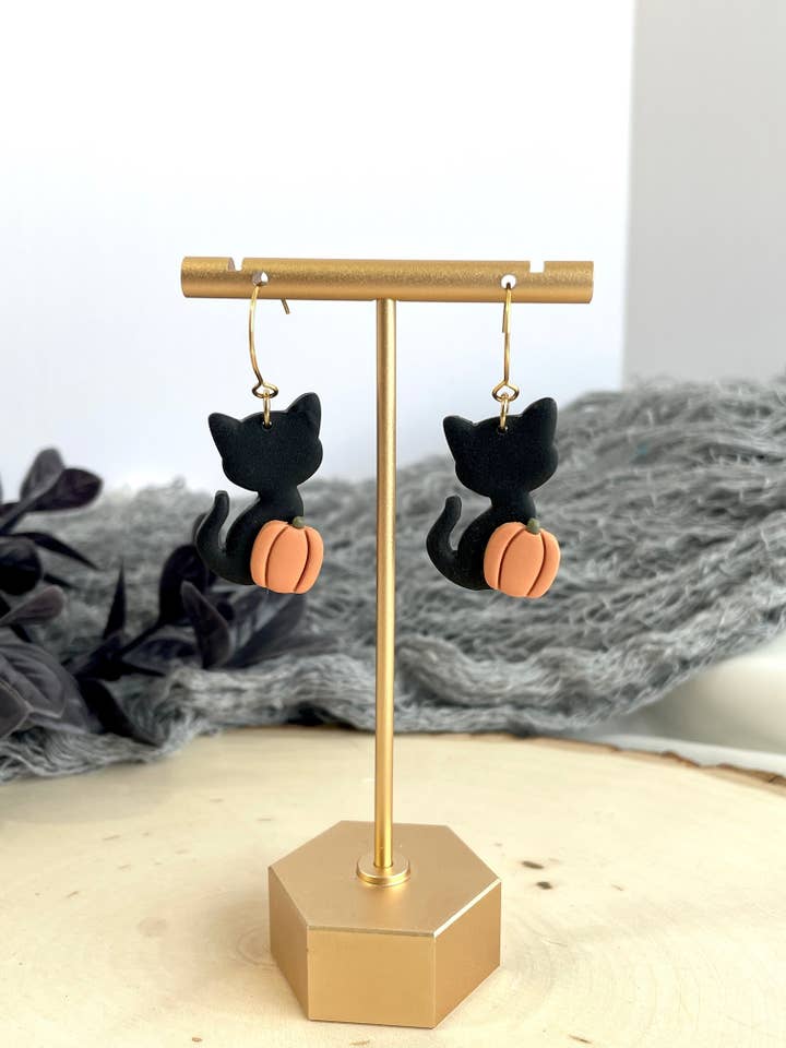 Cat with Pumpkin | Gold | Silver | Polymer Clay Earrings for wholesale by Classical Clay Co