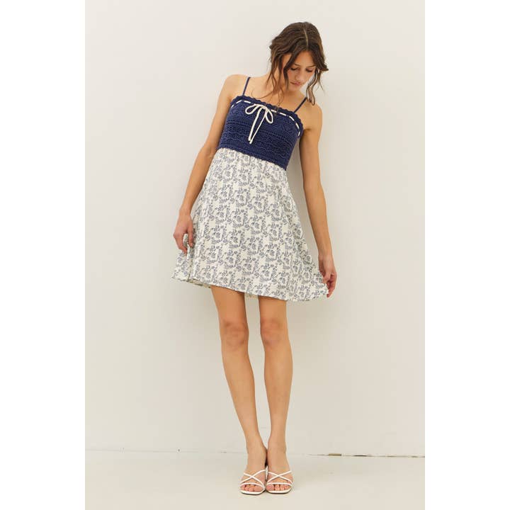 FLOWY FLORAL MINI DRESS IN CROCHET TOP WITH BOW for wholesale by idem ditto