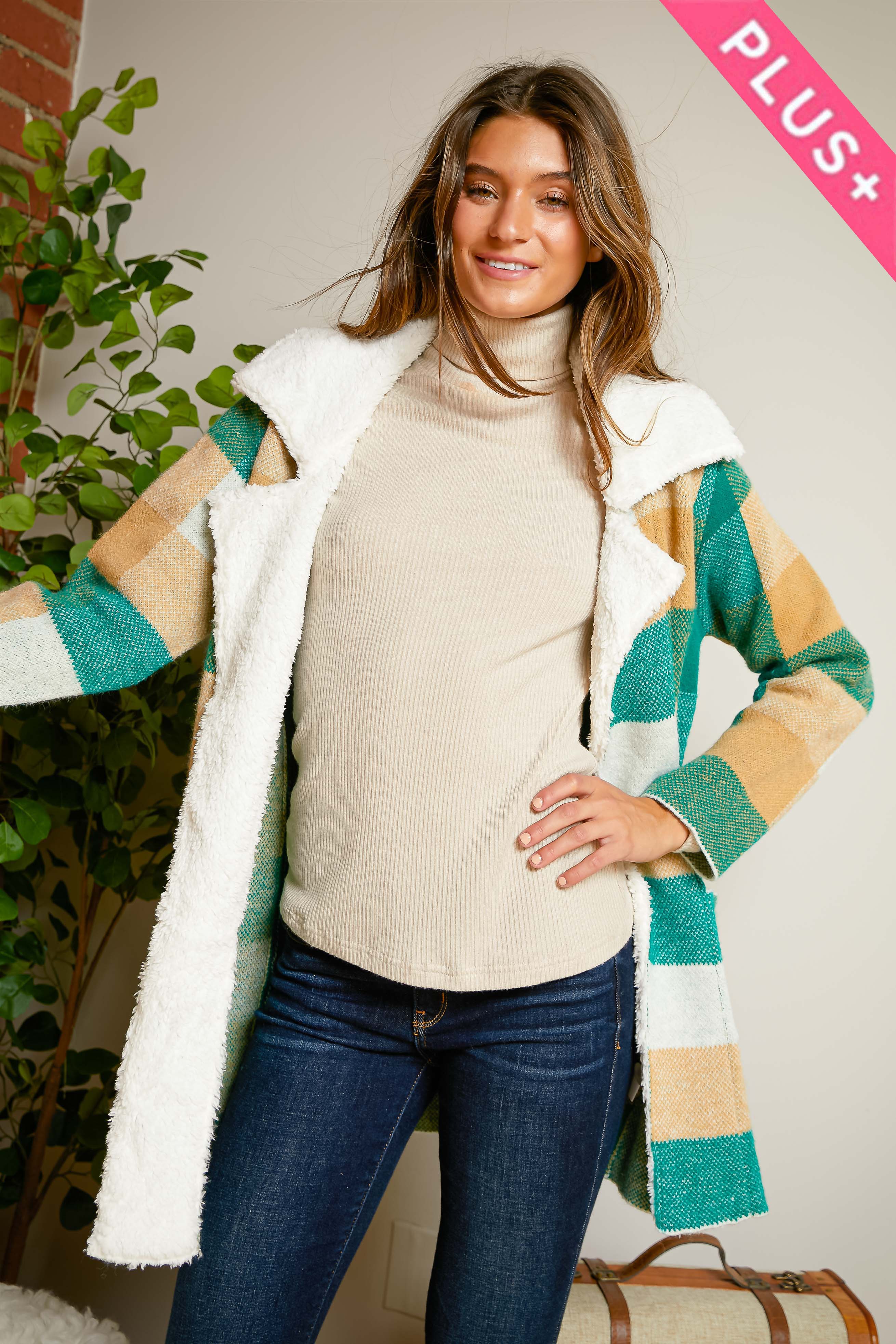 Green Multi PLUS CHECKER FAUX FUR COLLAR JACKET for wholesale on Faire1