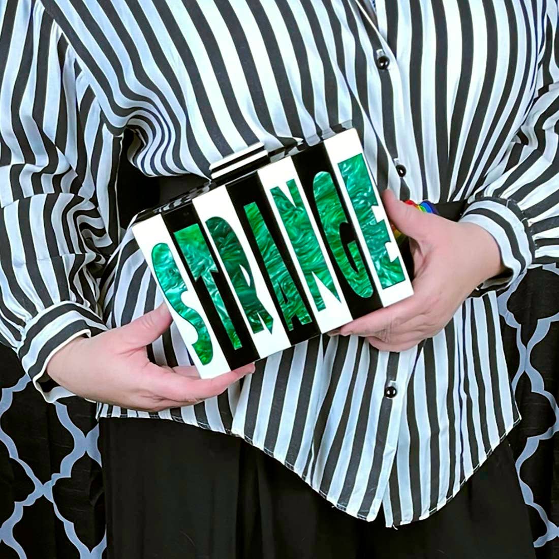 Betsy Dare - Wholesale Clutch Bag - Women's - Strange and Unusual Black/White Striped Acrylic Cyndi Clutch7