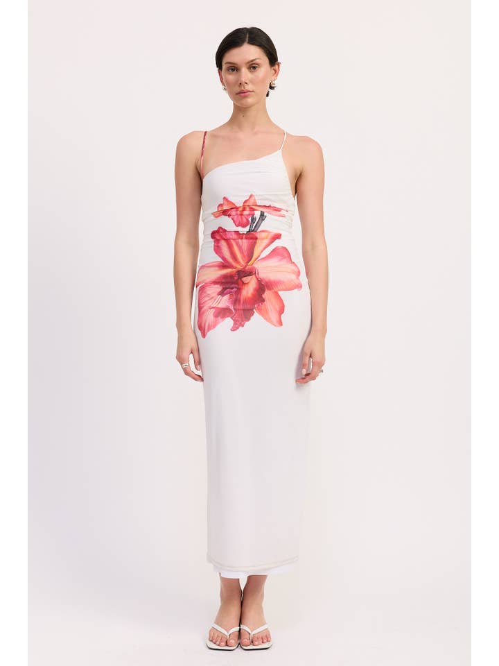 WHITE PINK FLORAL PRINTED ONE SHOULDER RECHED DRESS for wholesale on Faire
