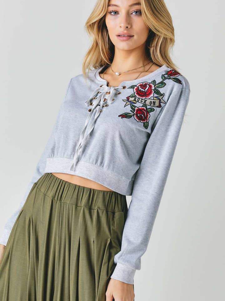 Floral Embroidered Cropped Sweatshirt for wholesale by CC Wholesale Clothing