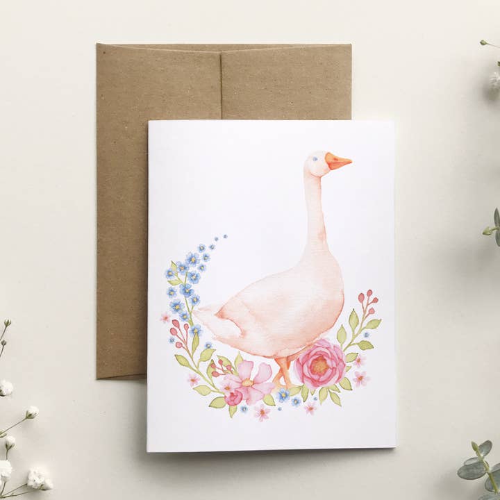Floral Goose Greeting Card for wholesale by Katrinn Pelletier Illustration + art
